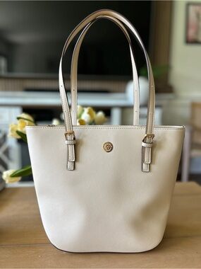 Anne Klein Cream Leather Tote Bag with Gold Accent